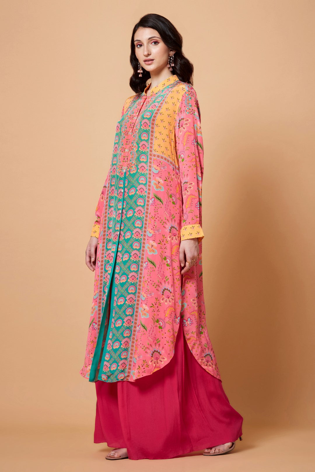 Pink, Yellow, Turquoise Panel All Over Floral Print Sb Signature Shirt Dress With Mandarin Collar-Siddhartha Bansal