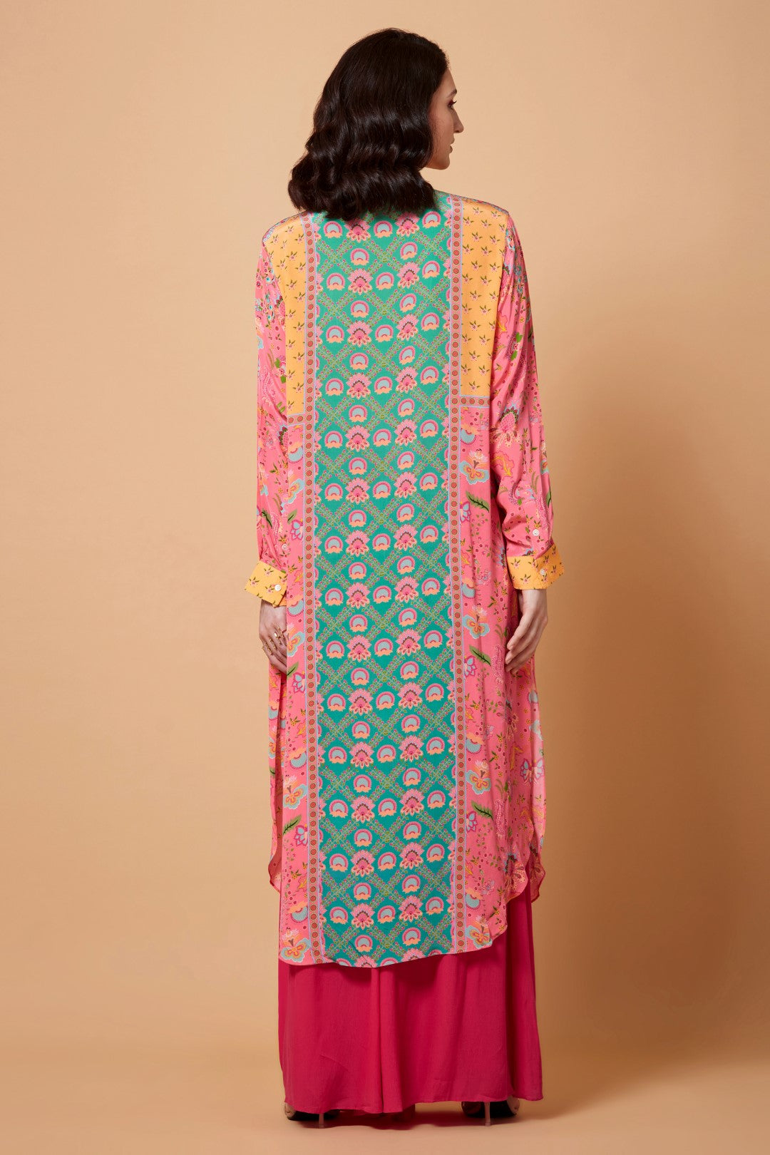 Pink, Yellow, Turquoise Panel All Over Floral Print Sb Signature Shirt Dress With Mandarin Collar-Siddhartha Bansal