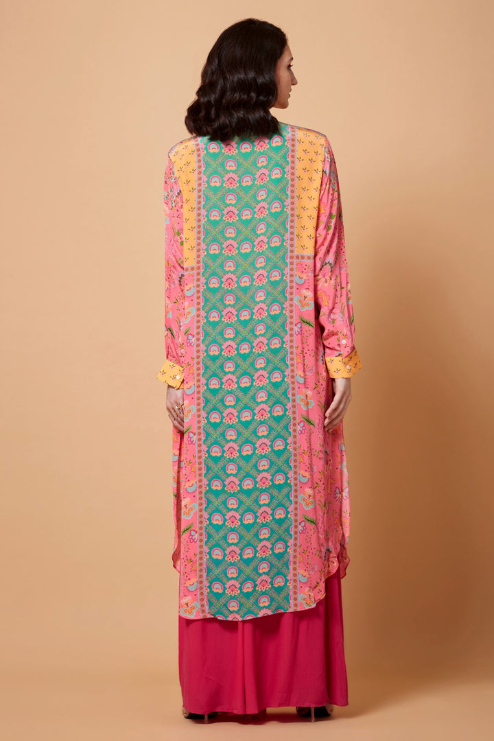 Pink, Yellow, Turquoise Panel All Over Floral Print Sb Signature Shirt Dress With Mandarin Collar-Siddhartha Bansal