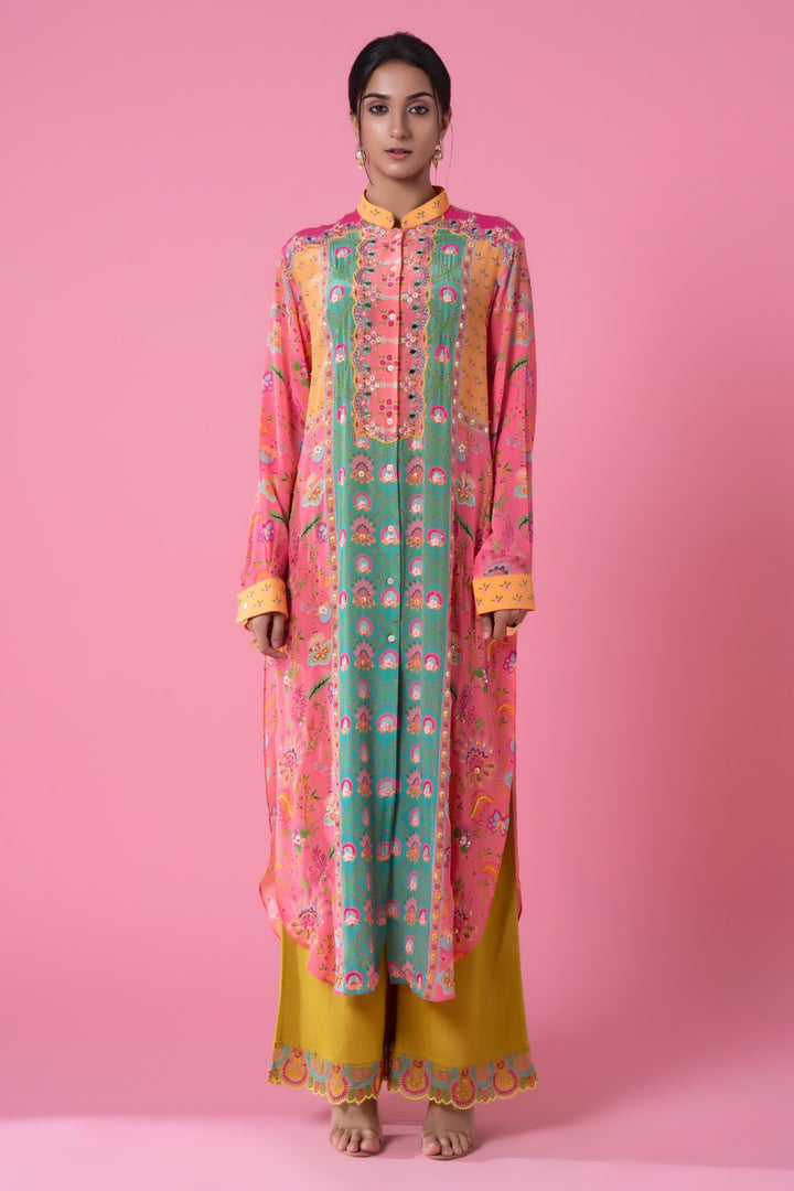 Pink And Turquoise Embllished Shirt Dress-Siddhartha Bansal