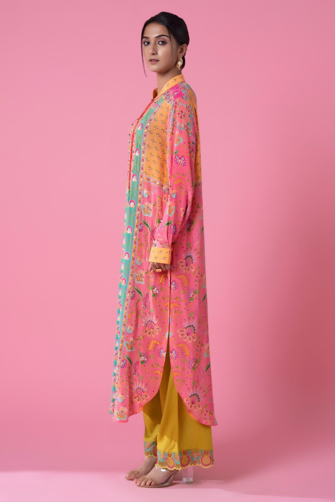 Pink And Turquoise Embllished Shirt Dress-Siddhartha Bansal