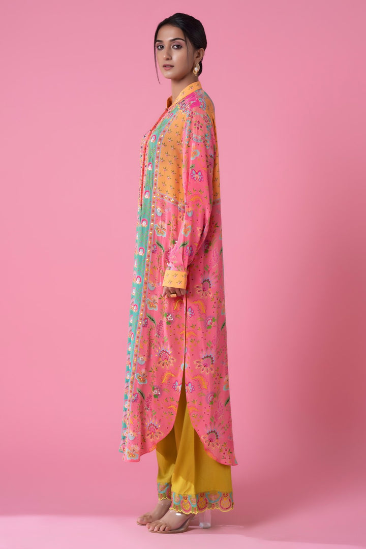 Pink And Turquoise Embllished Shirt Dress-Siddhartha Bansal