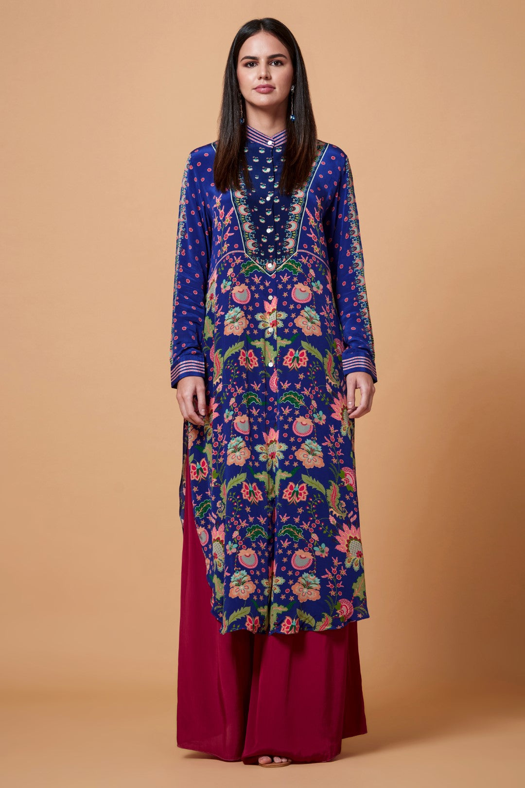Deep Blue All Over Floral Print Sb Signature Shirt Dress With Mandarin Collar-Siddhartha Bansal