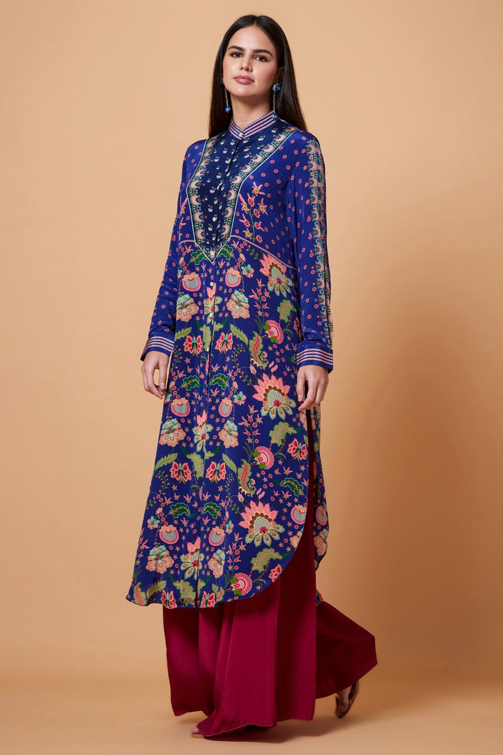Deep Blue All Over Floral Print Sb Signature Shirt Dress With Mandarin Collar-Siddhartha Bansal