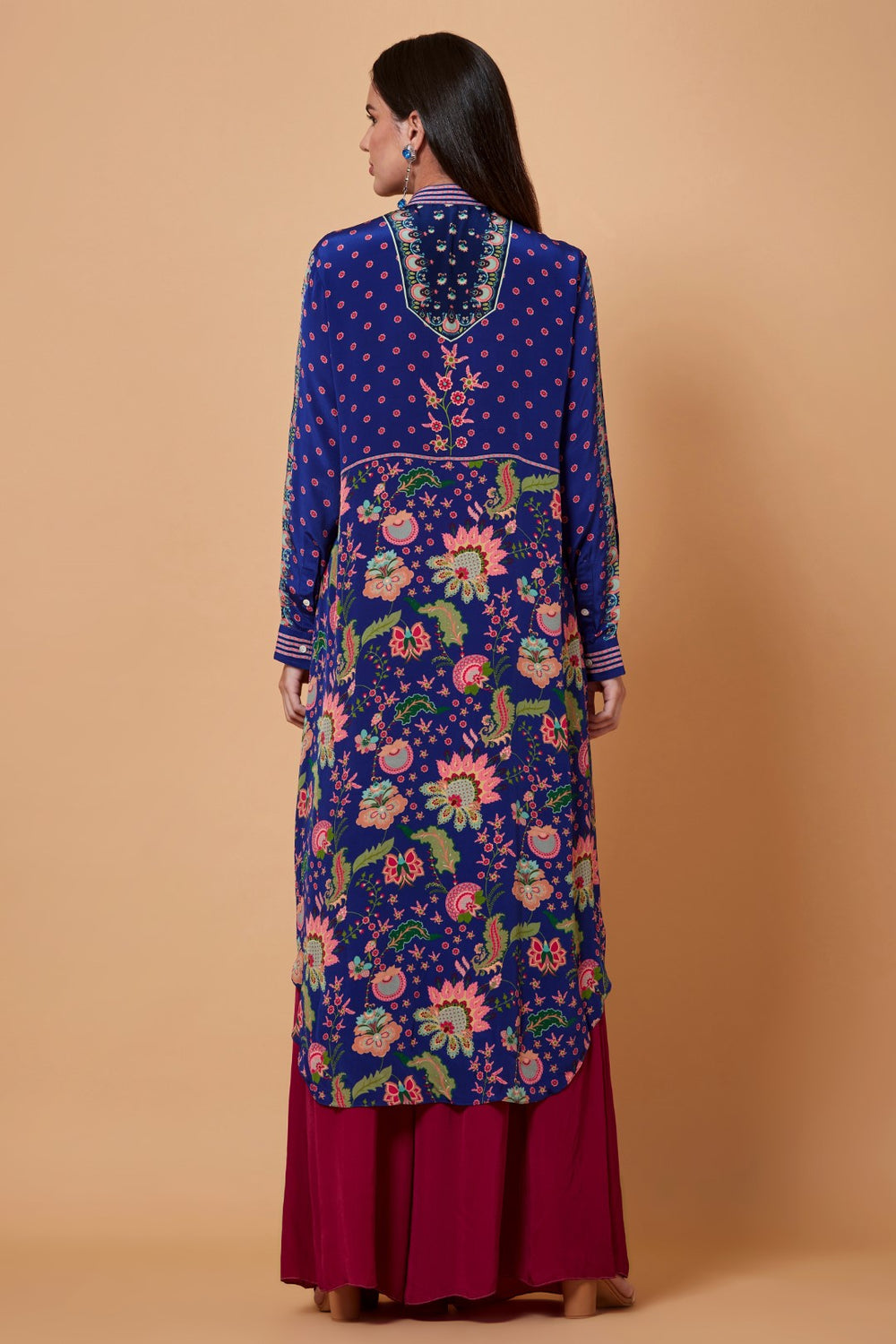 Deep Blue All Over Floral Print Sb Signature Shirt Dress With Mandarin Collar-Siddhartha Bansal