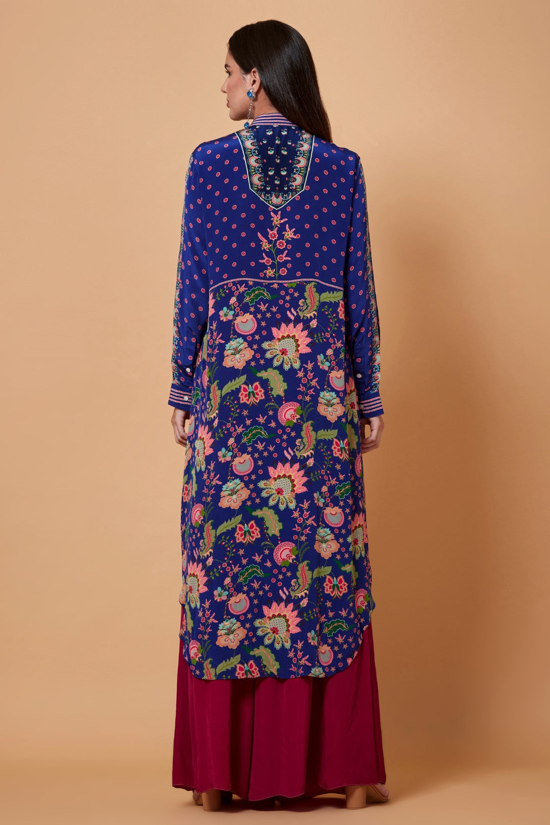 Deep Blue All Over Floral Print Sb Signature Shirt Dress With Mandarin Collar-Siddhartha Bansal