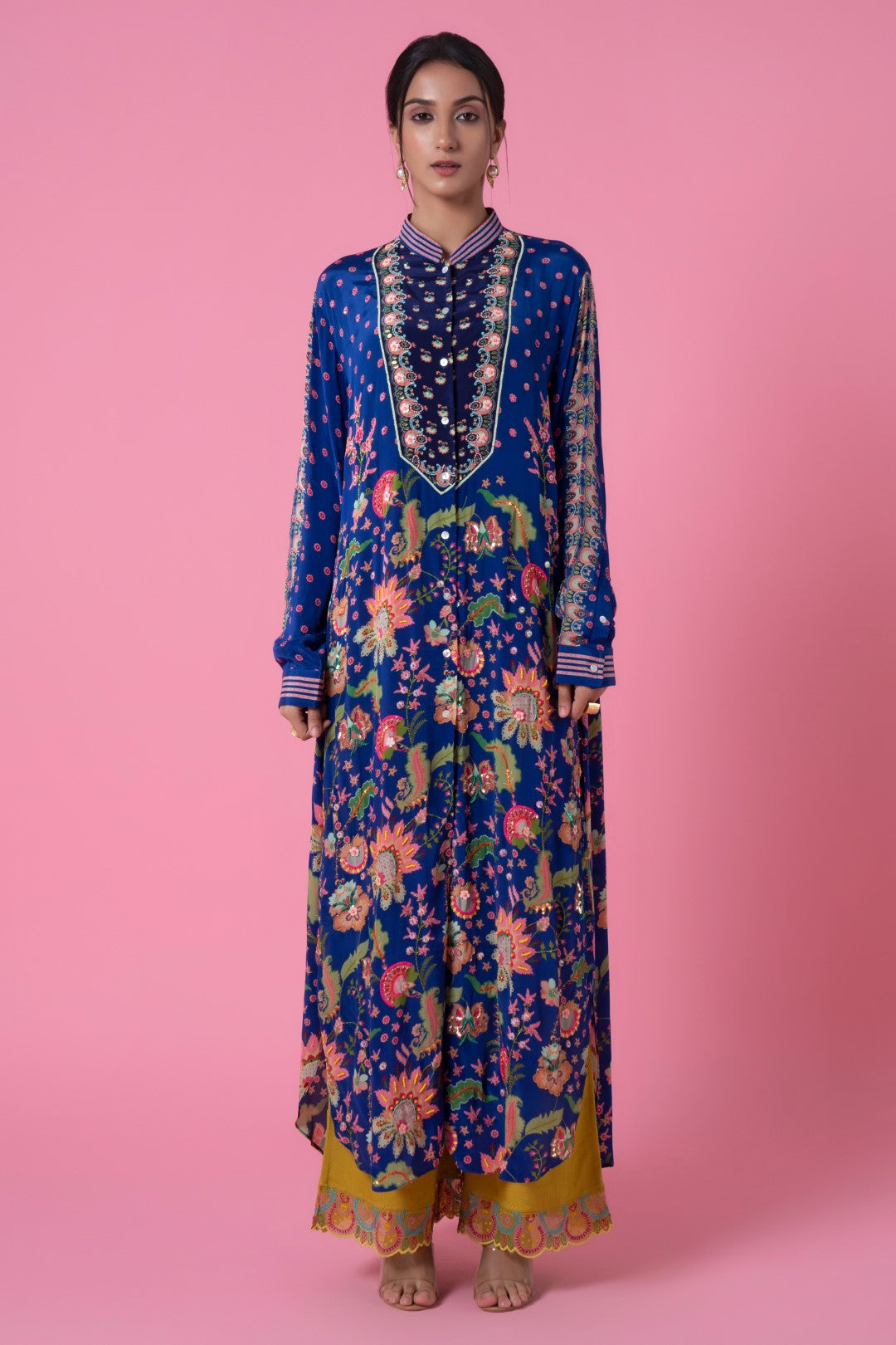Deep Blue All Over Floral Print Sb Signature Embllished Shirt Dress-Siddhartha Bansal