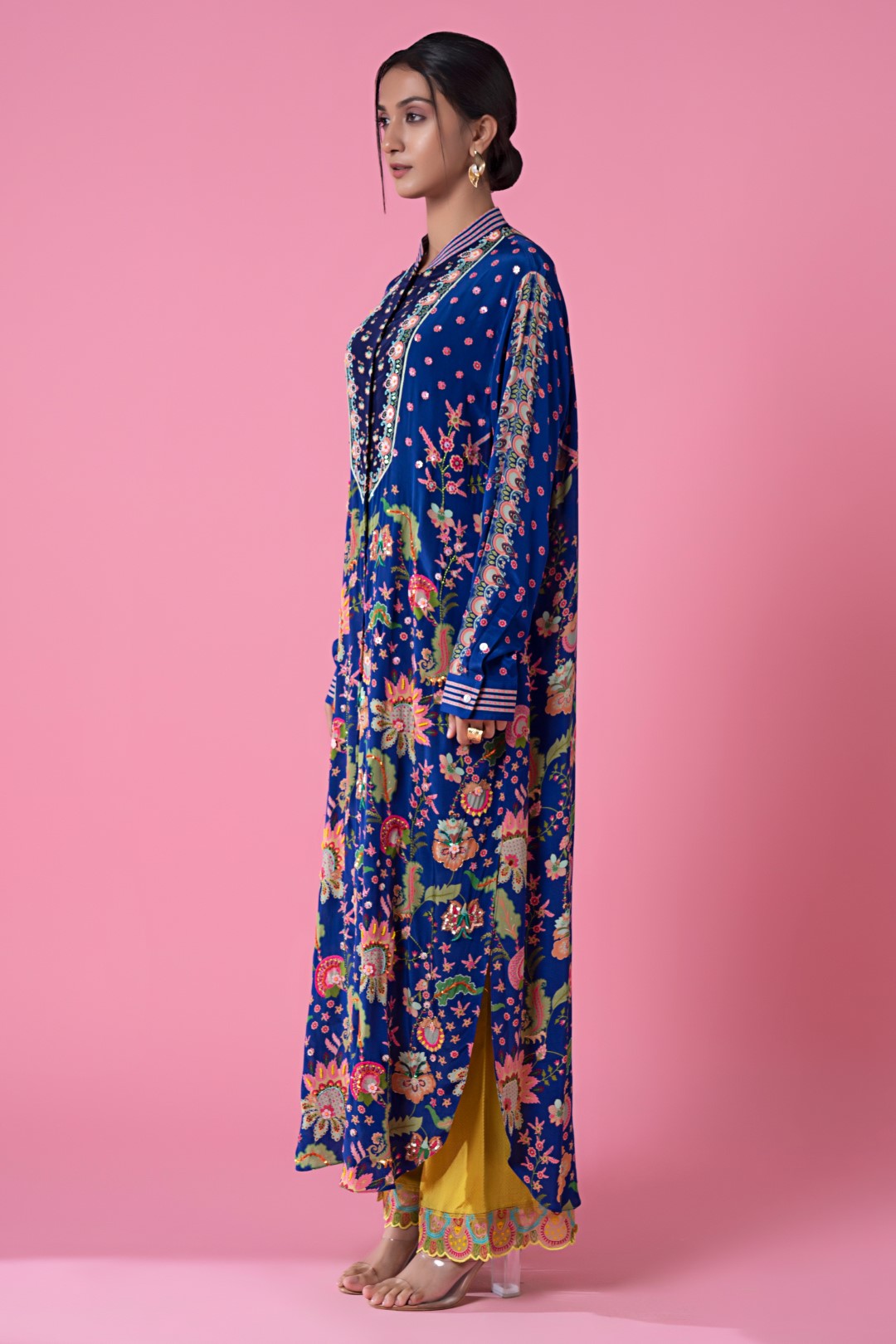 Deep Blue All Over Floral Print Sb Signature Embllished Shirt Dress-Siddhartha Bansal