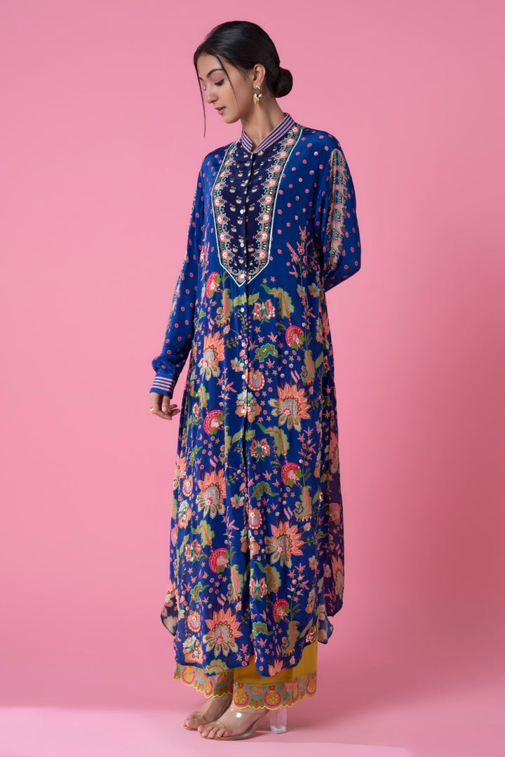 Deep Blue All Over Floral Print Sb Signature Embllished Shirt Dress-Siddhartha Bansal