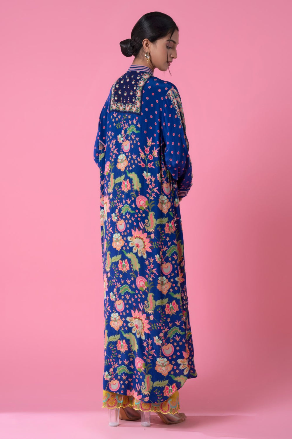 Deep Blue All Over Floral Print Sb Signature Embllished Shirt Dress-Siddhartha Bansal
