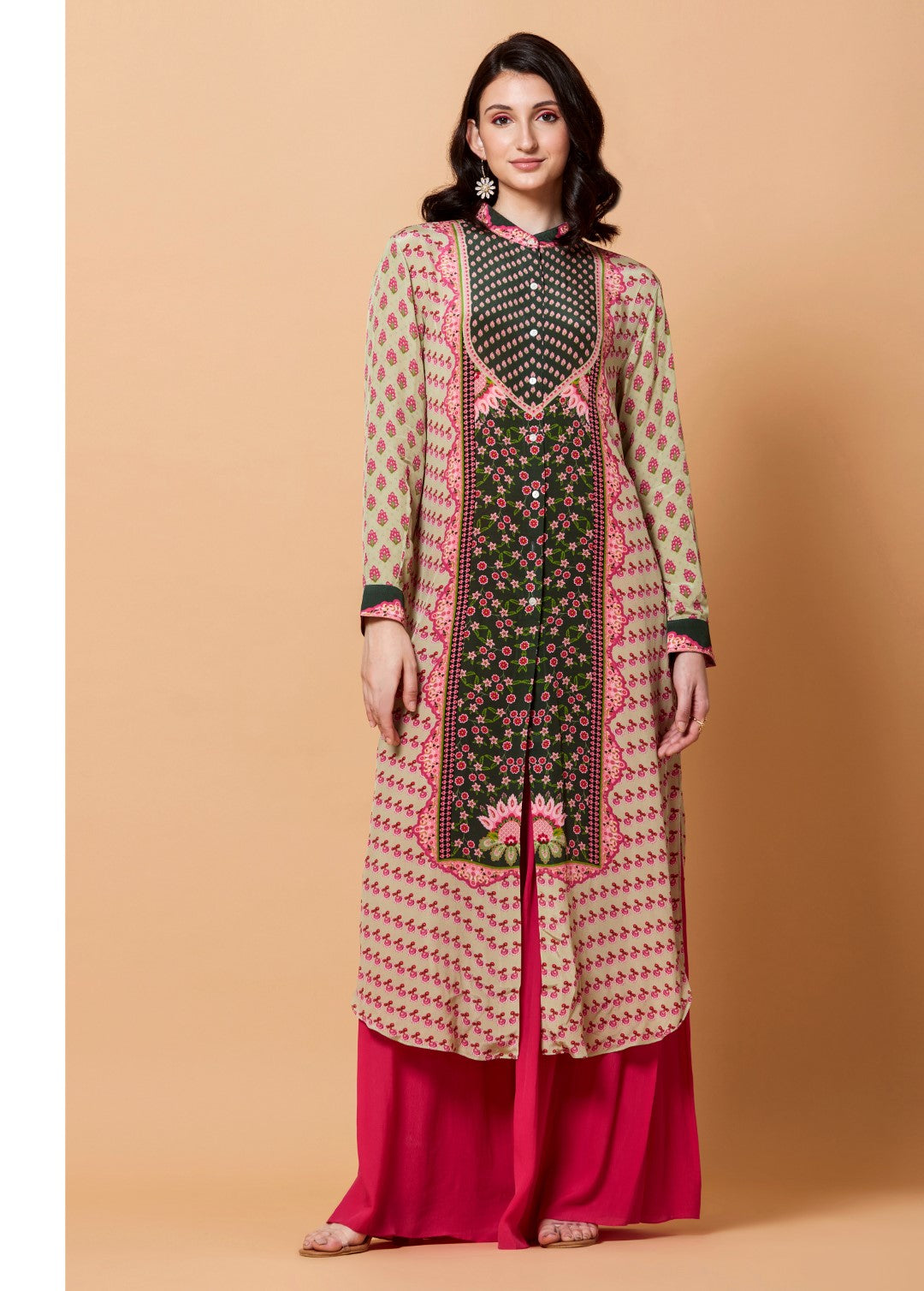 Cream Running Boota Green Centre Panel Floral Print Sb Signature Shirt Dress With Mandarin Collar-Siddhartha Bansal