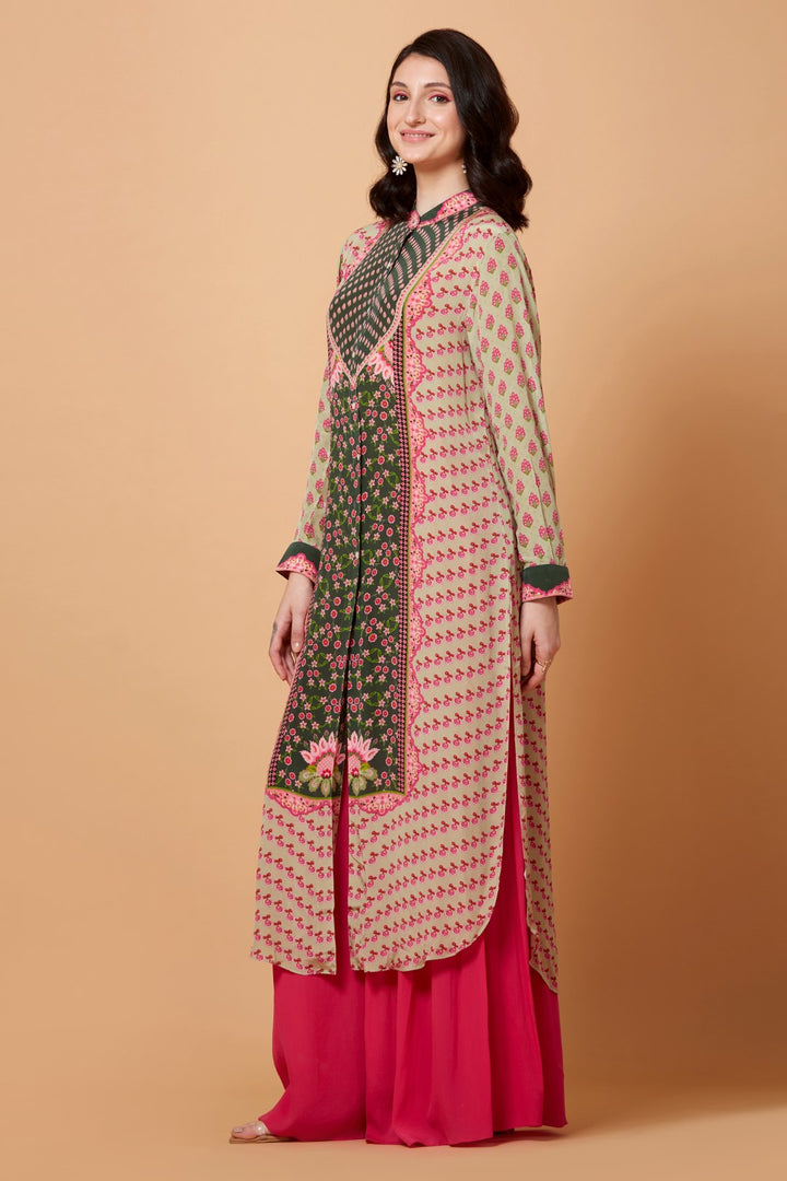 Cream Running Boota Green Centre Panel Floral Print Sb Signature Shirt Dress With Mandarin Collar-Siddhartha Bansal