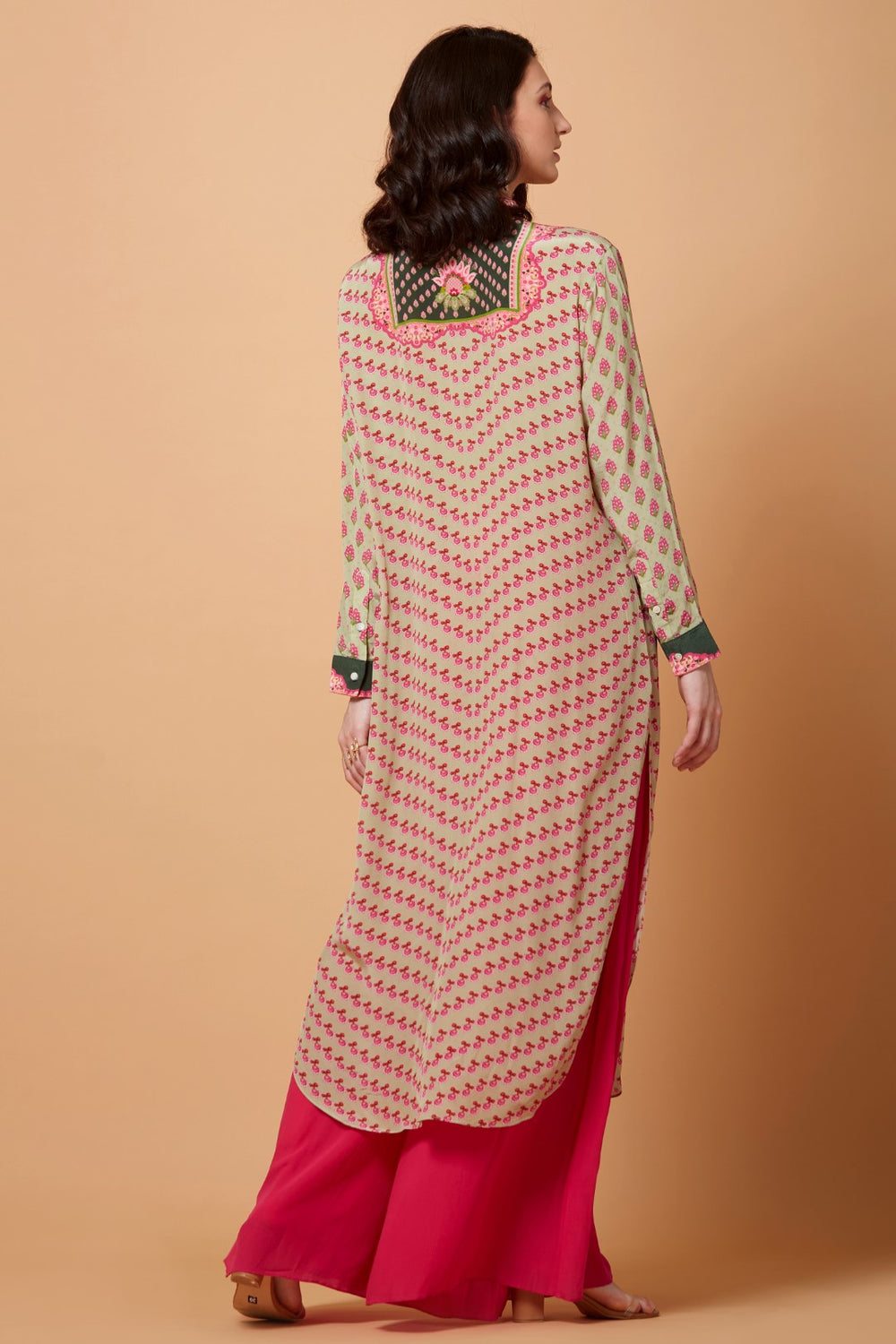 Cream Running Boota Green Centre Panel Floral Print Sb Signature Shirt Dress With Mandarin Collar-Siddhartha Bansal