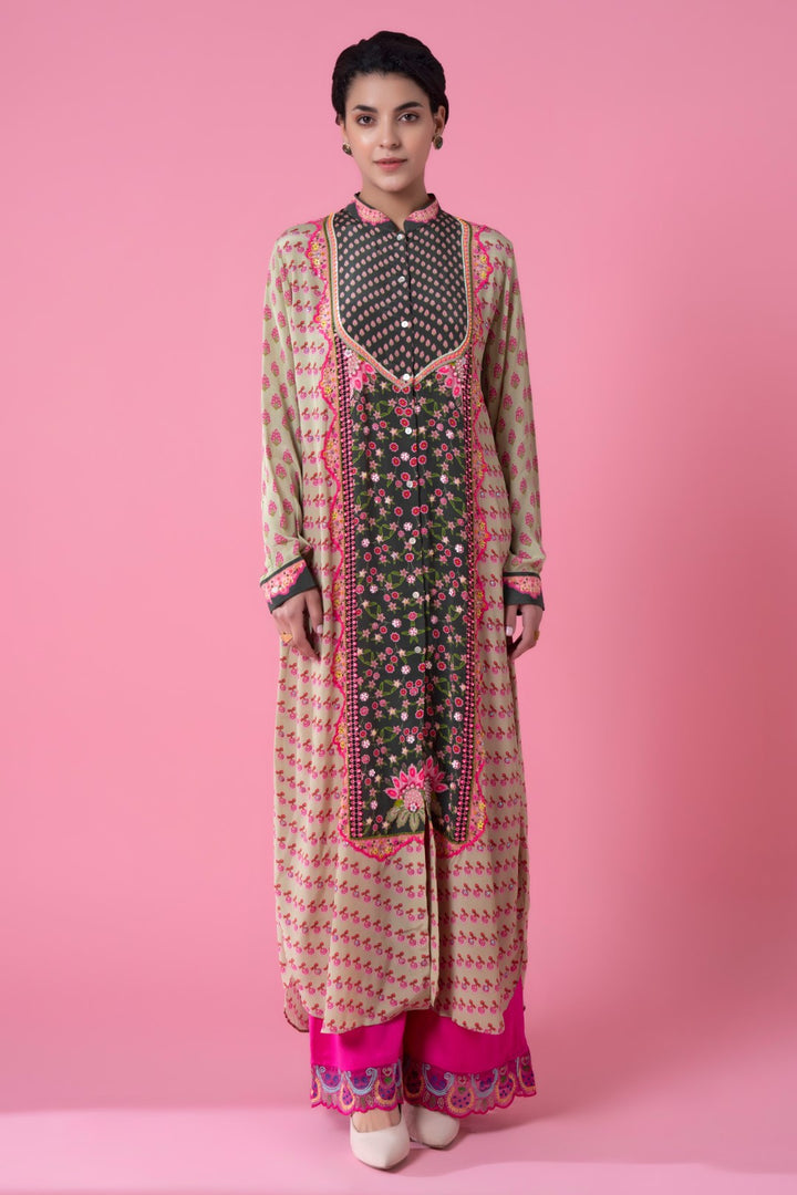 Cream Running Boota Green Centre Panel Floral Print Embllished Shirt Dress-Siddhartha Bansal