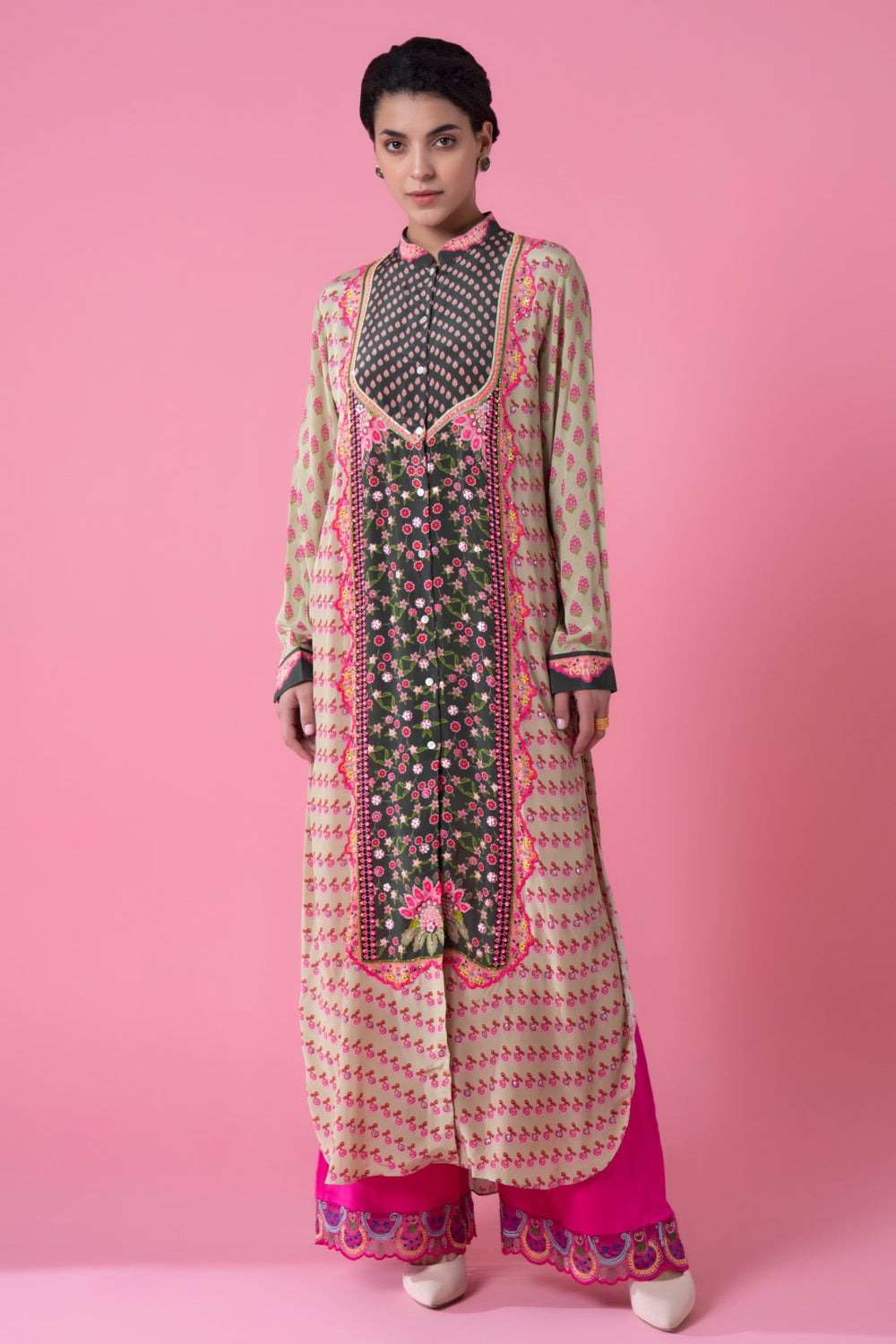 Cream Running Boota Green Centre Panel Floral Print Embllished Shirt Dress-Siddhartha Bansal