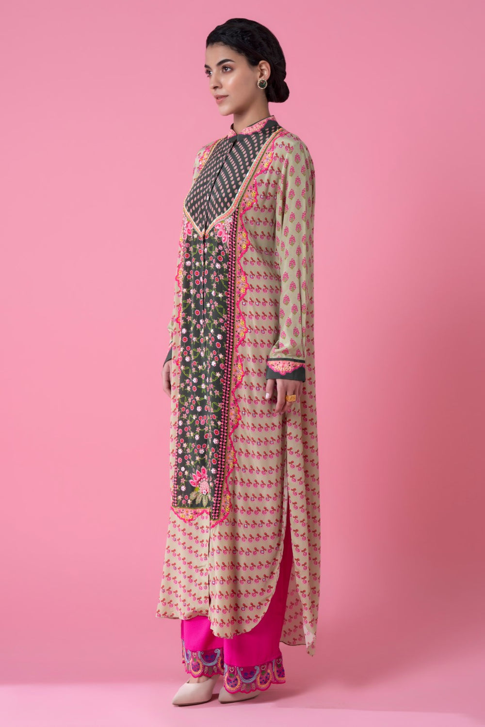 Cream Running Boota Green Centre Panel Floral Print Embllished Shirt Dress-Siddhartha Bansal