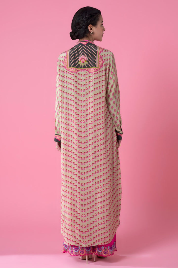 Cream Running Boota Green Centre Panel Floral Print Embllished Shirt Dress-Siddhartha Bansal
