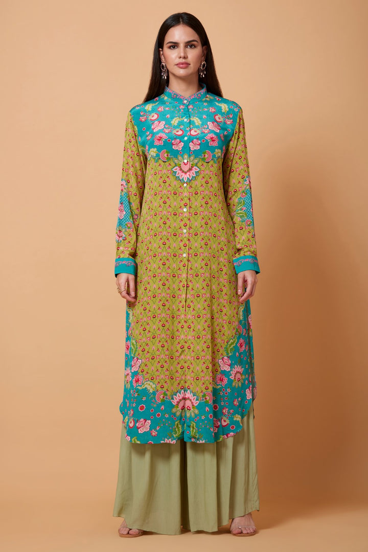 Mustard And Sea Green Floral Print Sb Signature Shirt Dress With Mandarin Collar-Siddhartha Bansal
