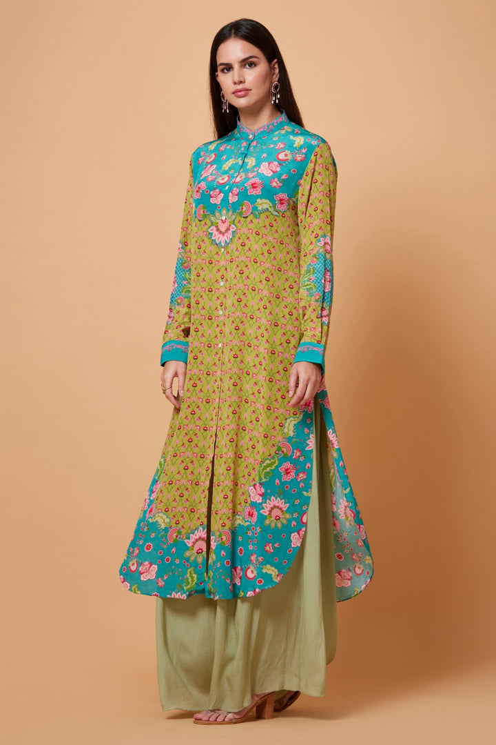 Mustard And Sea Green Floral Print Sb Signature Shirt Dress With Mandarin Collar-Siddhartha Bansal