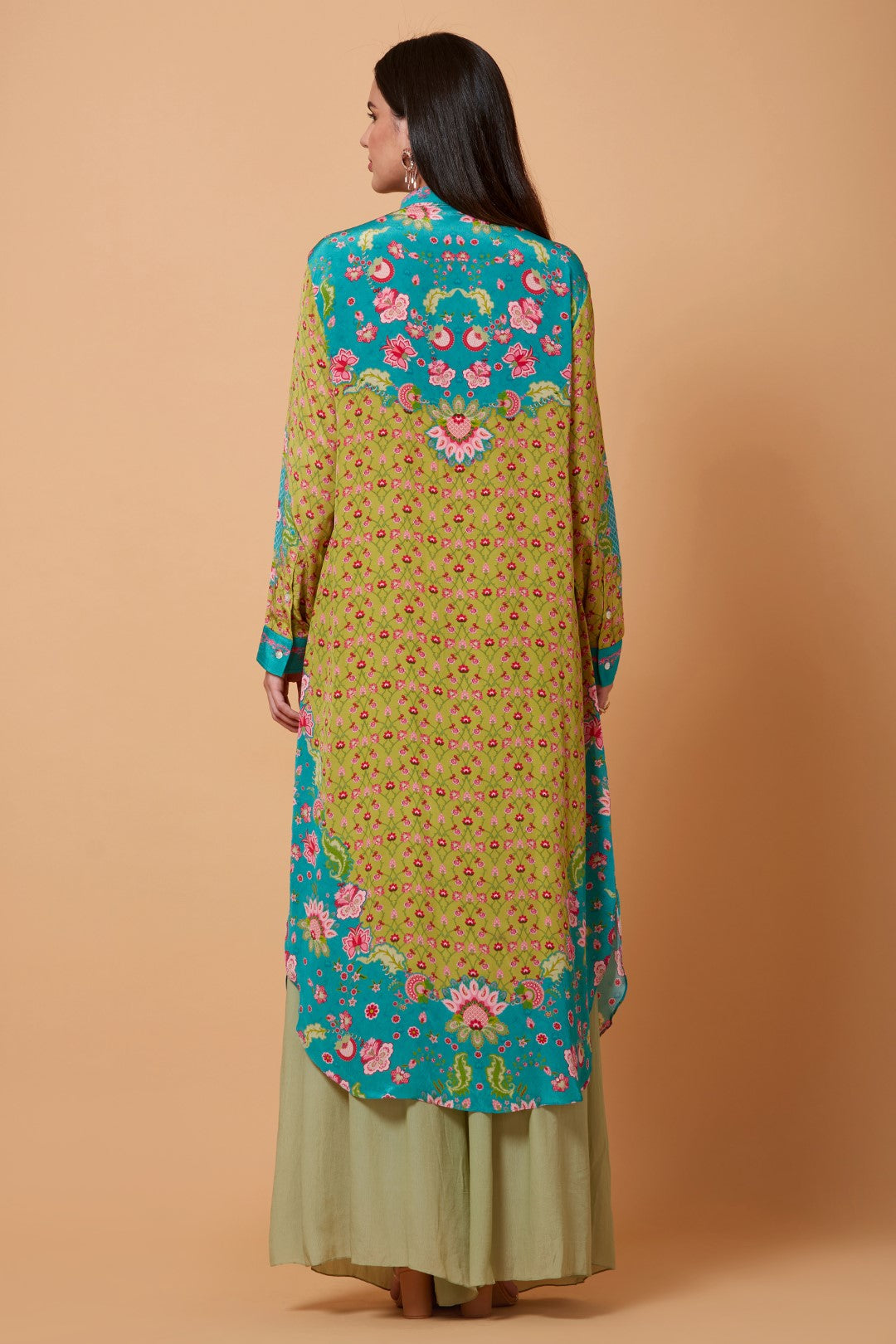 Mustard And Sea Green Floral Print Sb Signature Shirt Dress With Mandarin Collar-Siddhartha Bansal