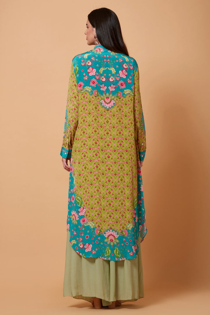 Mustard And Sea Green Floral Print Sb Signature Shirt Dress With Mandarin Collar-Siddhartha Bansal
