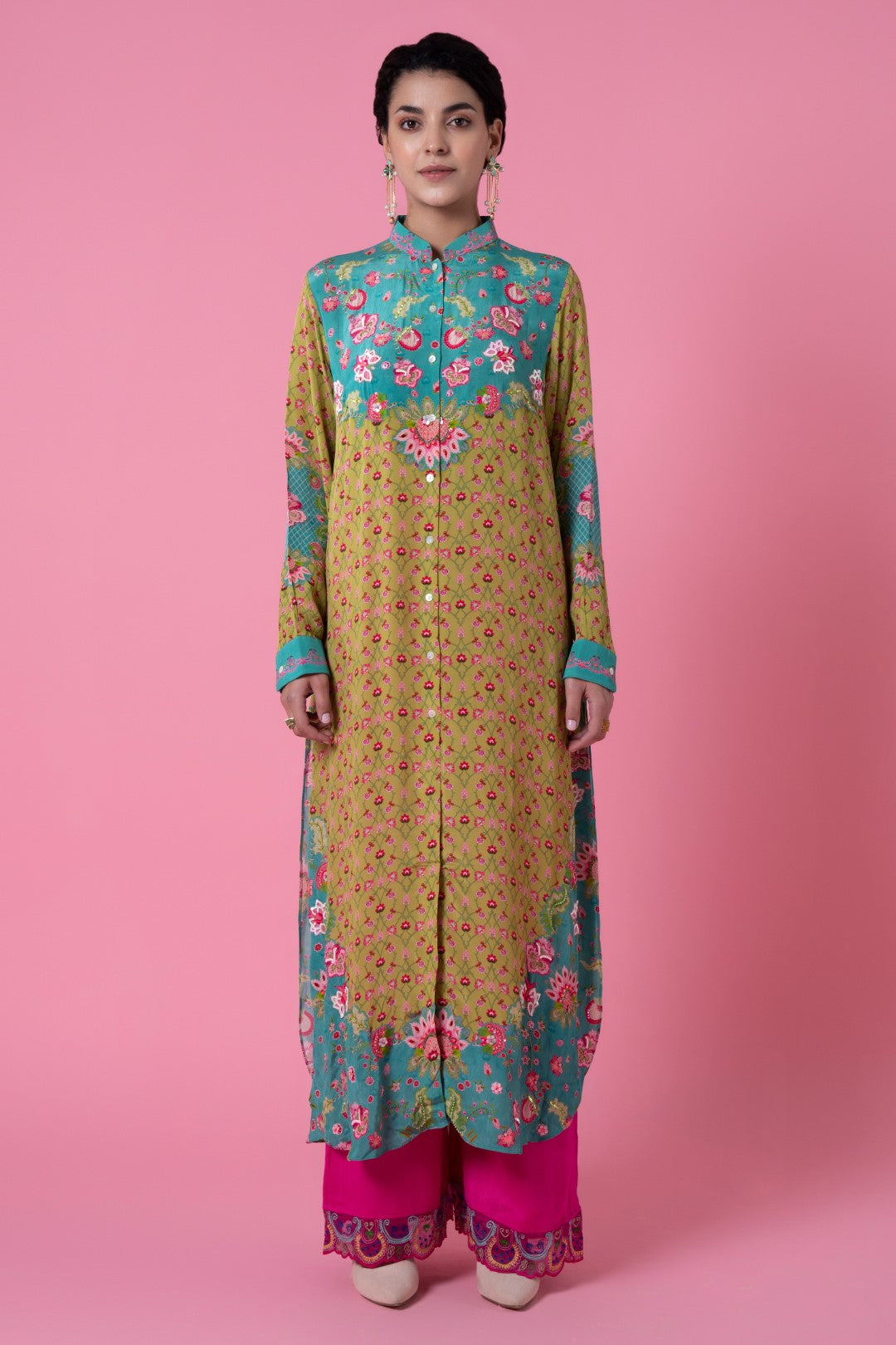Mustard And Sea Green Floral Print Embllished Shirt Dress-Siddhartha Bansal