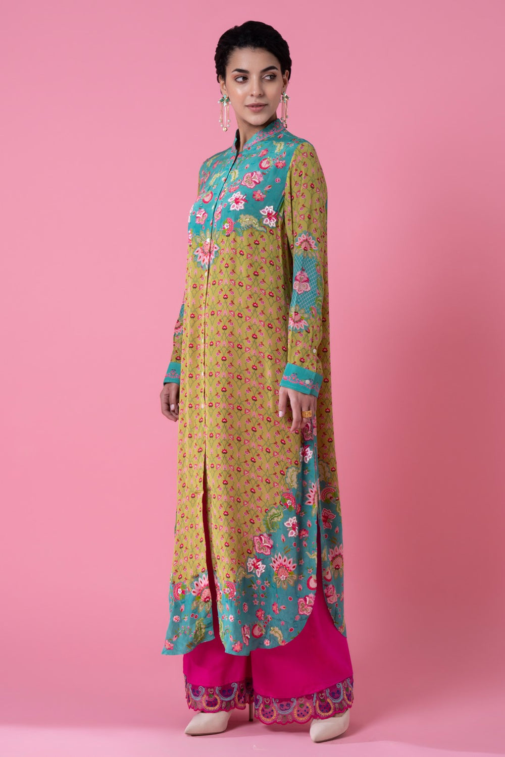 Mustard And Sea Green Floral Print Embllished Shirt Dress-Siddhartha Bansal