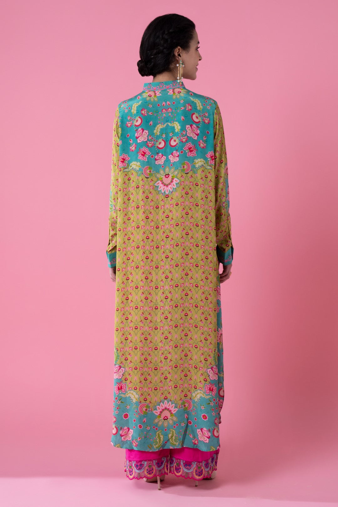 Mustard And Sea Green Floral Print Embllished Shirt Dress-Siddhartha Bansal