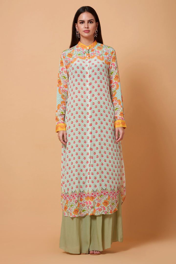 Grey And Orange Floral Print Sb Signature Shirt Dress With Mandarin Collar-Siddhartha Bansal