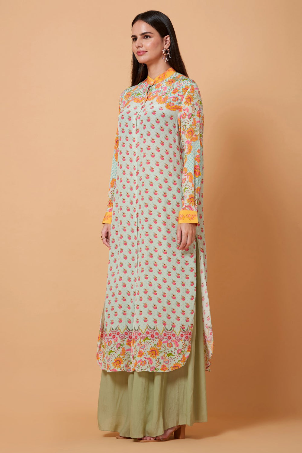 Grey And Orange Floral Print Sb Signature Shirt Dress With Mandarin Collar-Siddhartha Bansal