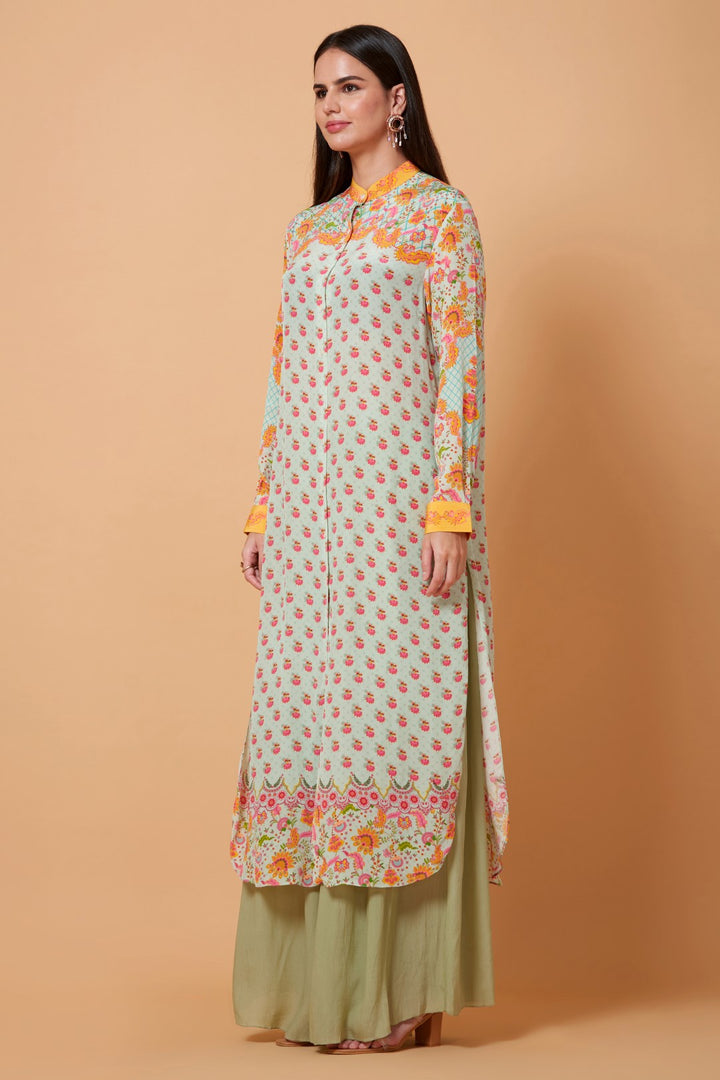 Grey And Orange Floral Print Sb Signature Shirt Dress With Mandarin Collar-Siddhartha Bansal