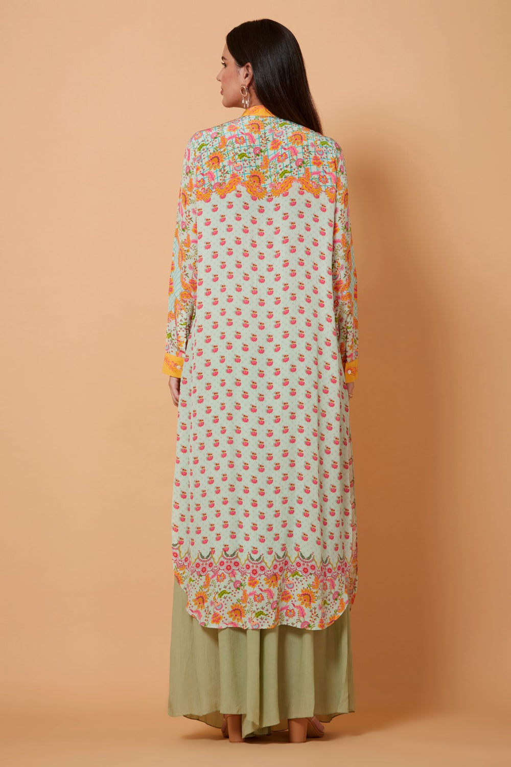 Grey And Orange Floral Print Sb Signature Shirt Dress With Mandarin Collar-Siddhartha Bansal