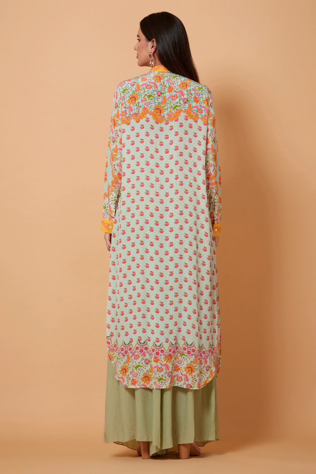 Grey And Orange Floral Print Sb Signature Shirt Dress With Mandarin Collar-Siddhartha Bansal