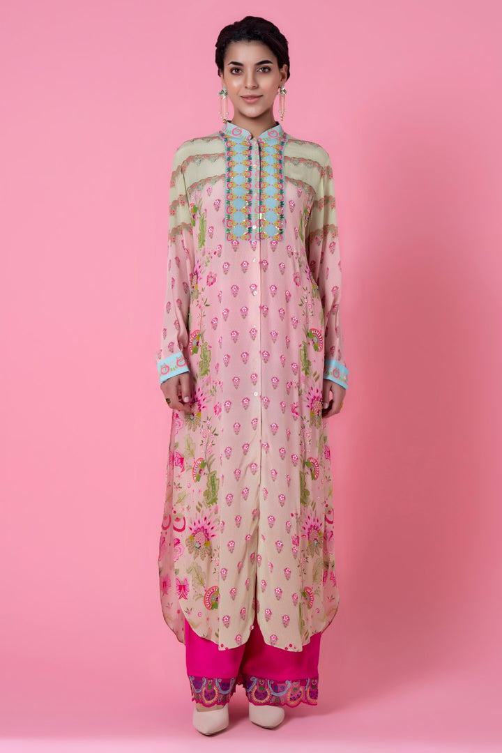 Powder Pink And Mint Floral Ombre Embllished Shirt Dress-Siddhartha Bansal