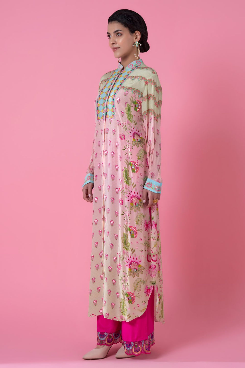 Powder Pink And Mint Floral Ombre Embllished Shirt Dress-Siddhartha Bansal