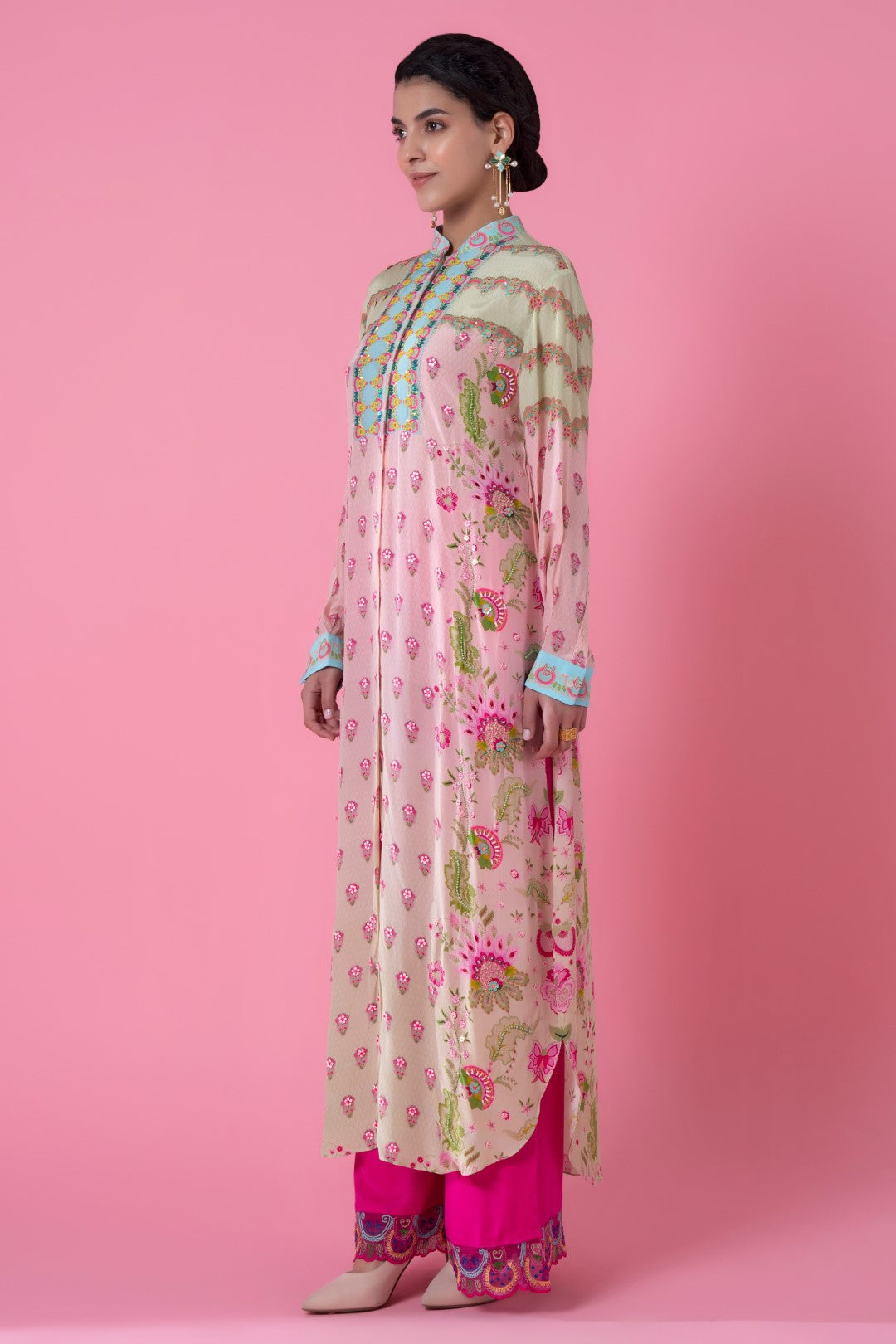 Powder Pink And Mint Floral Ombre Embllished Shirt Dress-Siddhartha Bansal