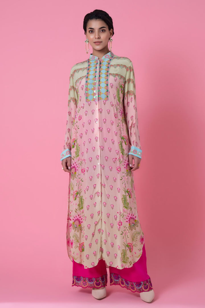 Powder Pink And Mint Floral Ombre Embllished Shirt Dress-Siddhartha Bansal