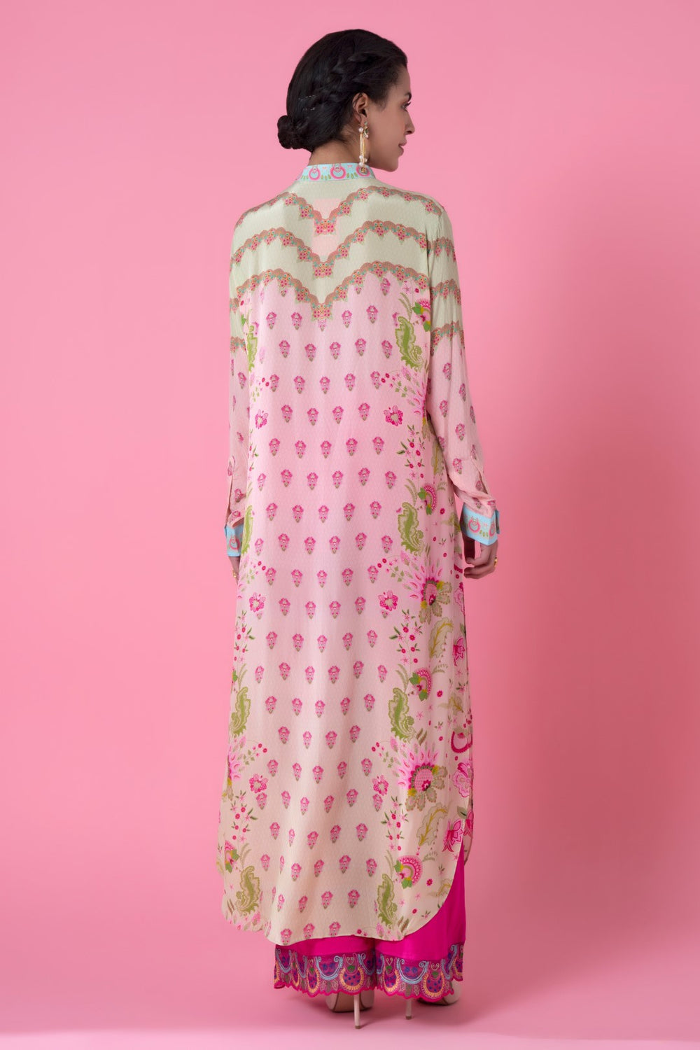 Powder Pink And Mint Floral Ombre Embllished Shirt Dress-Siddhartha Bansal