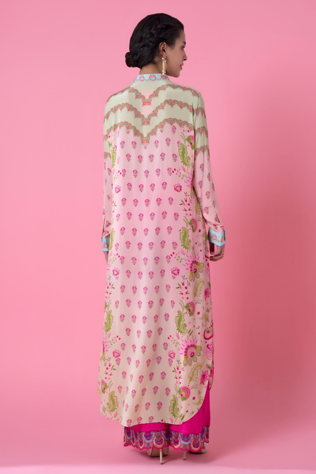 Powder Pink And Mint Floral Ombre Embllished Shirt Dress-Siddhartha Bansal