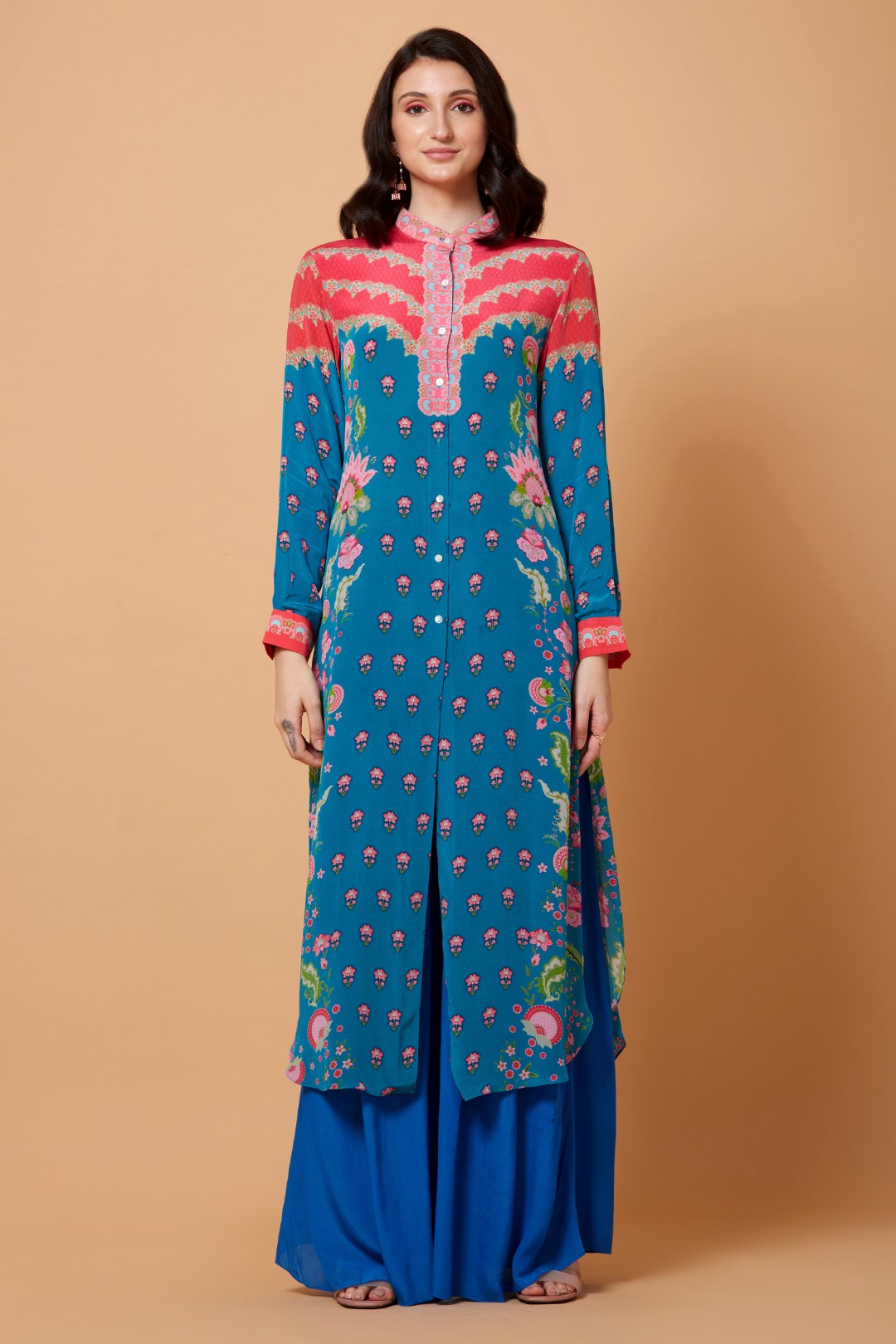 Aster Blue And Red Floral Print Sb Signature Shirt Dress With Mandarin Collar-Siddhartha Bansal