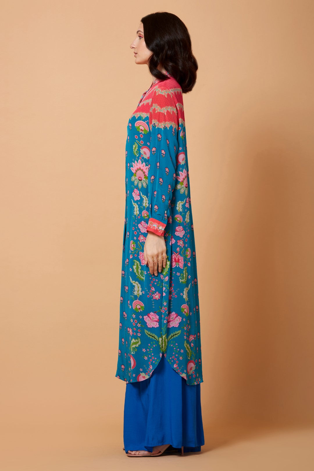 Aster Blue And Red Floral Print Sb Signature Shirt Dress With Mandarin Collar-Siddhartha Bansal