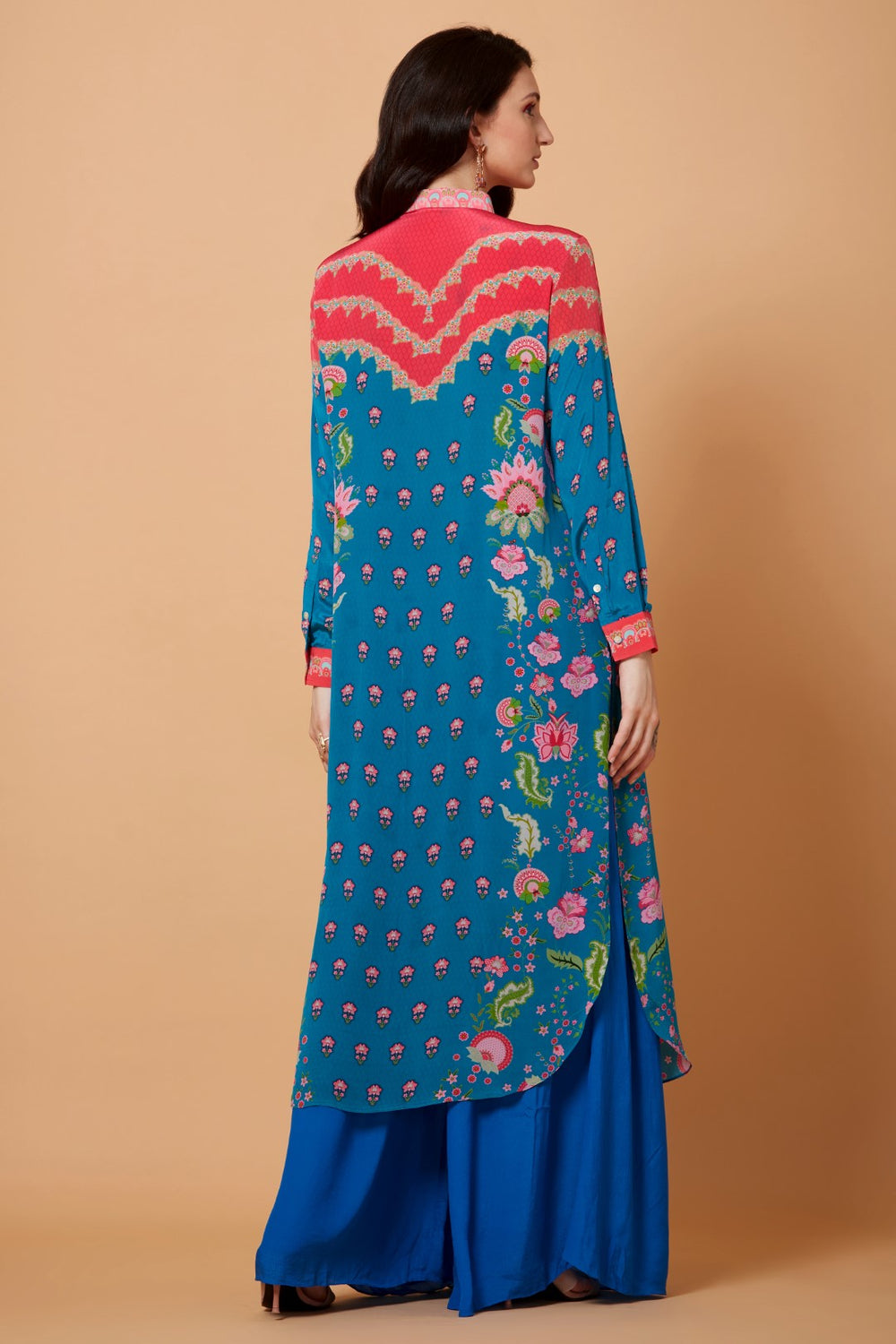 Aster Blue And Red Floral Print Sb Signature Shirt Dress With Mandarin Collar-Siddhartha Bansal