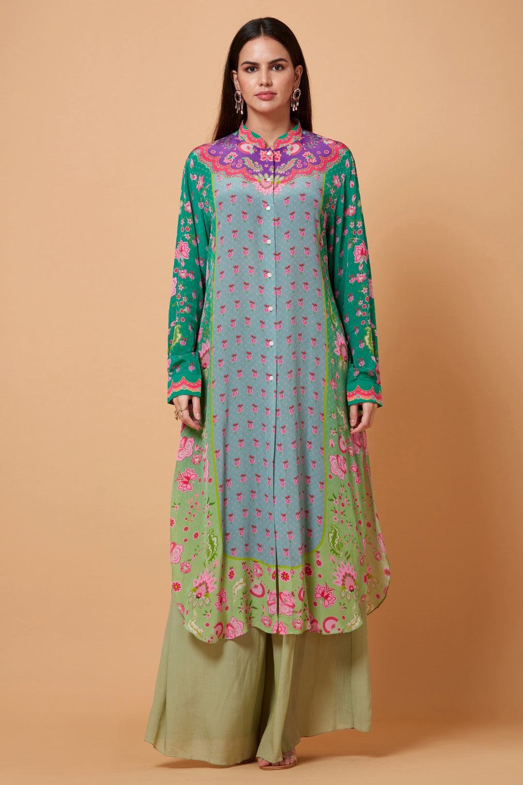 Purple Yoke Floral Print,Green Ombre, Mint Grey Color Sb Signature Shirt Dress With Mandarin Collar-Siddhartha Bansal