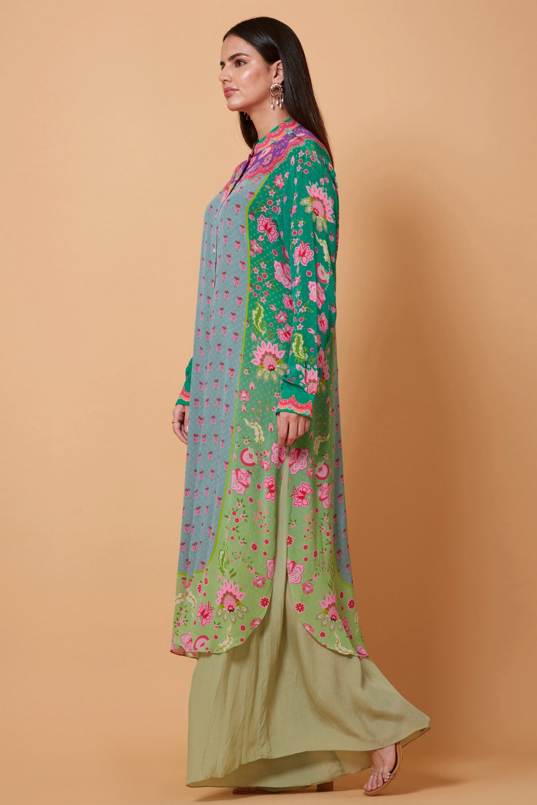 Purple Yoke Floral Print,Green Ombre, Mint Grey Color Sb Signature Shirt Dress With Mandarin Collar-Siddhartha Bansal