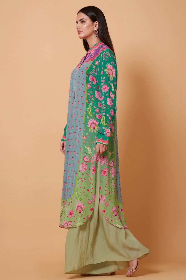 Purple Yoke Floral Print,Green Ombre, Mint Grey Color Sb Signature Shirt Dress With Mandarin Collar-Siddhartha Bansal