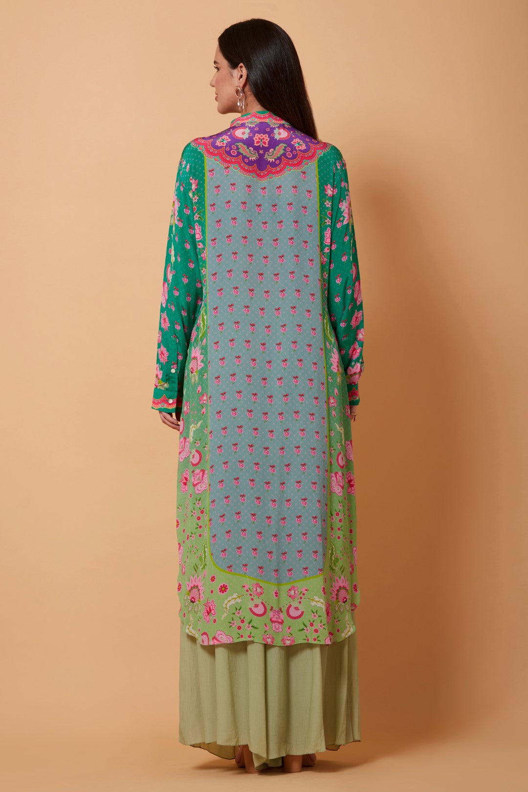 Purple Yoke Floral Print,Green Ombre, Mint Grey Color Sb Signature Shirt Dress With Mandarin Collar-Siddhartha Bansal