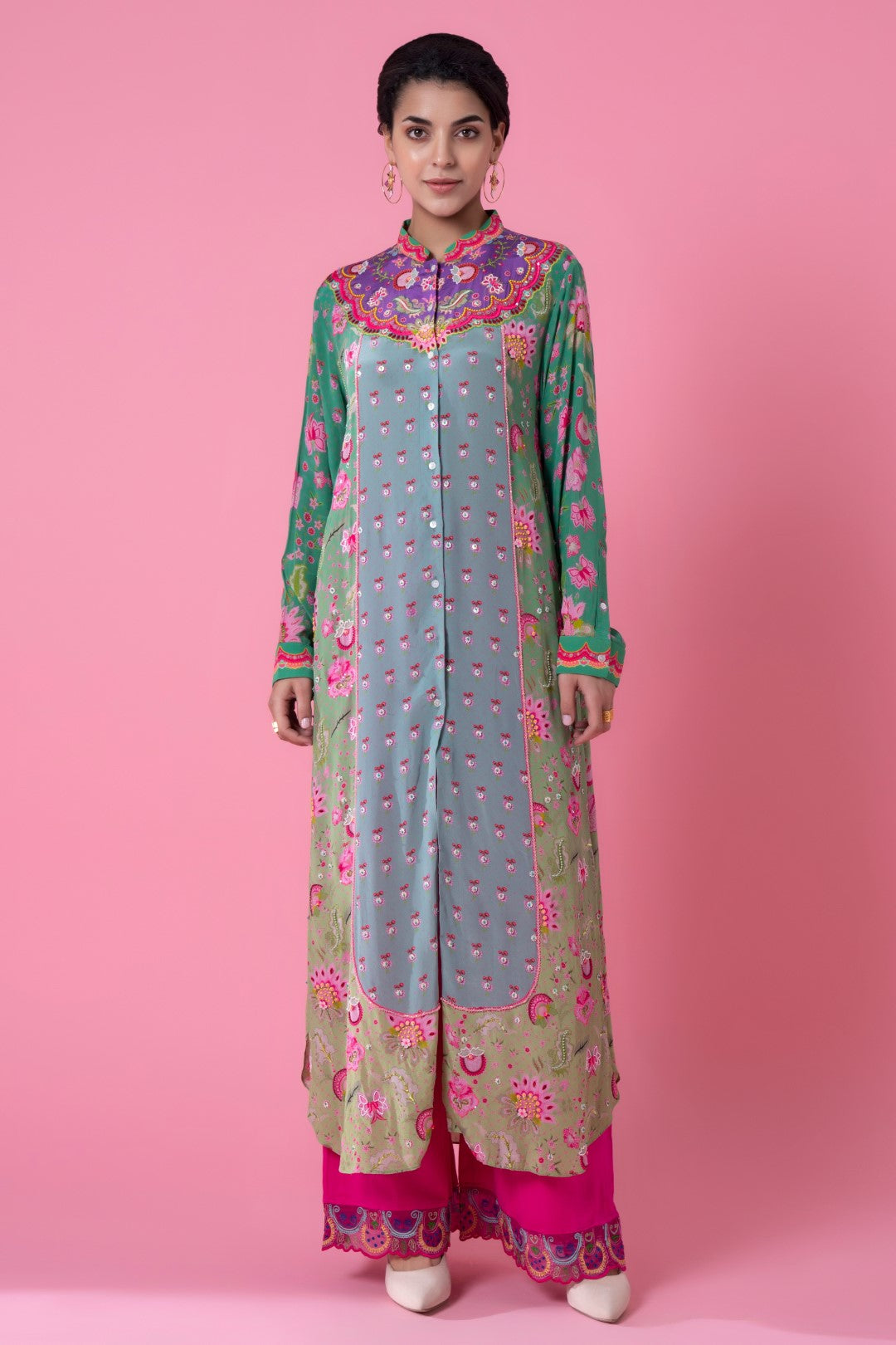 Purple Yoke Floral Print Green Ombre Embllished Shirt Dress-Siddhartha Bansal