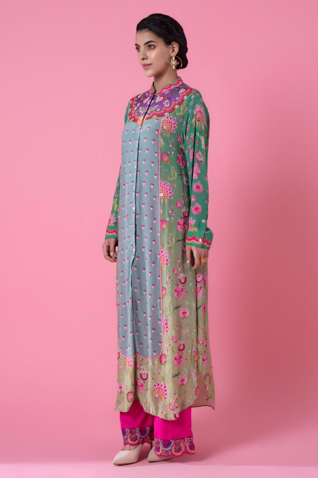 Purple Yoke Floral Print Green Ombre Embllished Shirt Dress-Siddhartha Bansal