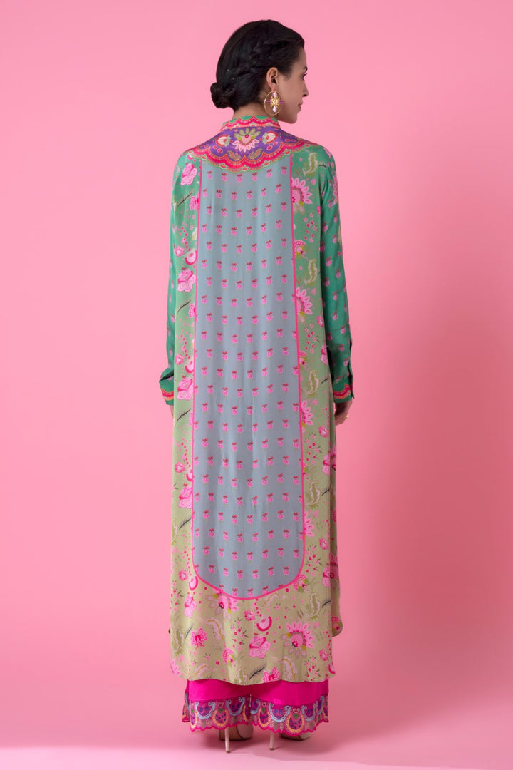Purple Yoke Floral Print Green Ombre Embllished Shirt Dress-Siddhartha Bansal