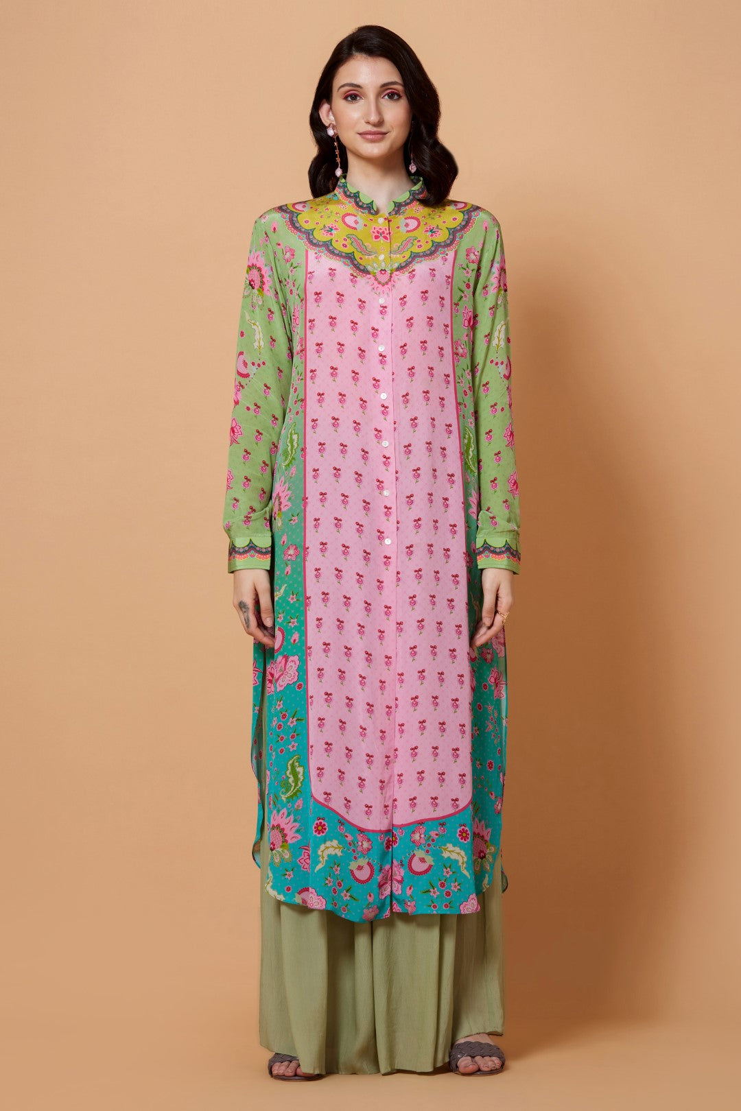Yellow Yoke Floral Print,Turquoise Ombre, Baby Pink Color Sb Signature Shirt Dress With Mandarin Collar-Siddhartha Bansal